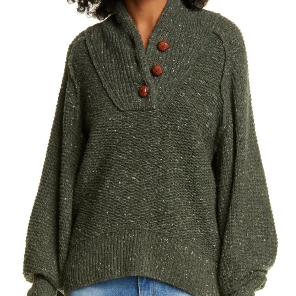 Rag & Bone Klark Shawl Collar Wool Blend Henley Army Green Sweater, Size Small